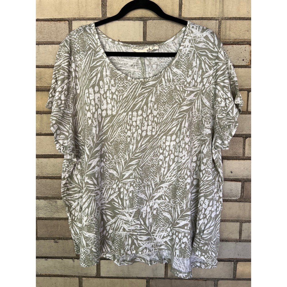 Christian Siriano New York Sage Green White Linen Tropical Print Top Size 3X